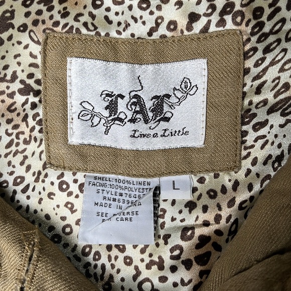 Live A Little Camel Linen Corduroy 3/4 Length Sleeves Button Up Belted Jacket L - Picture 5 of 9